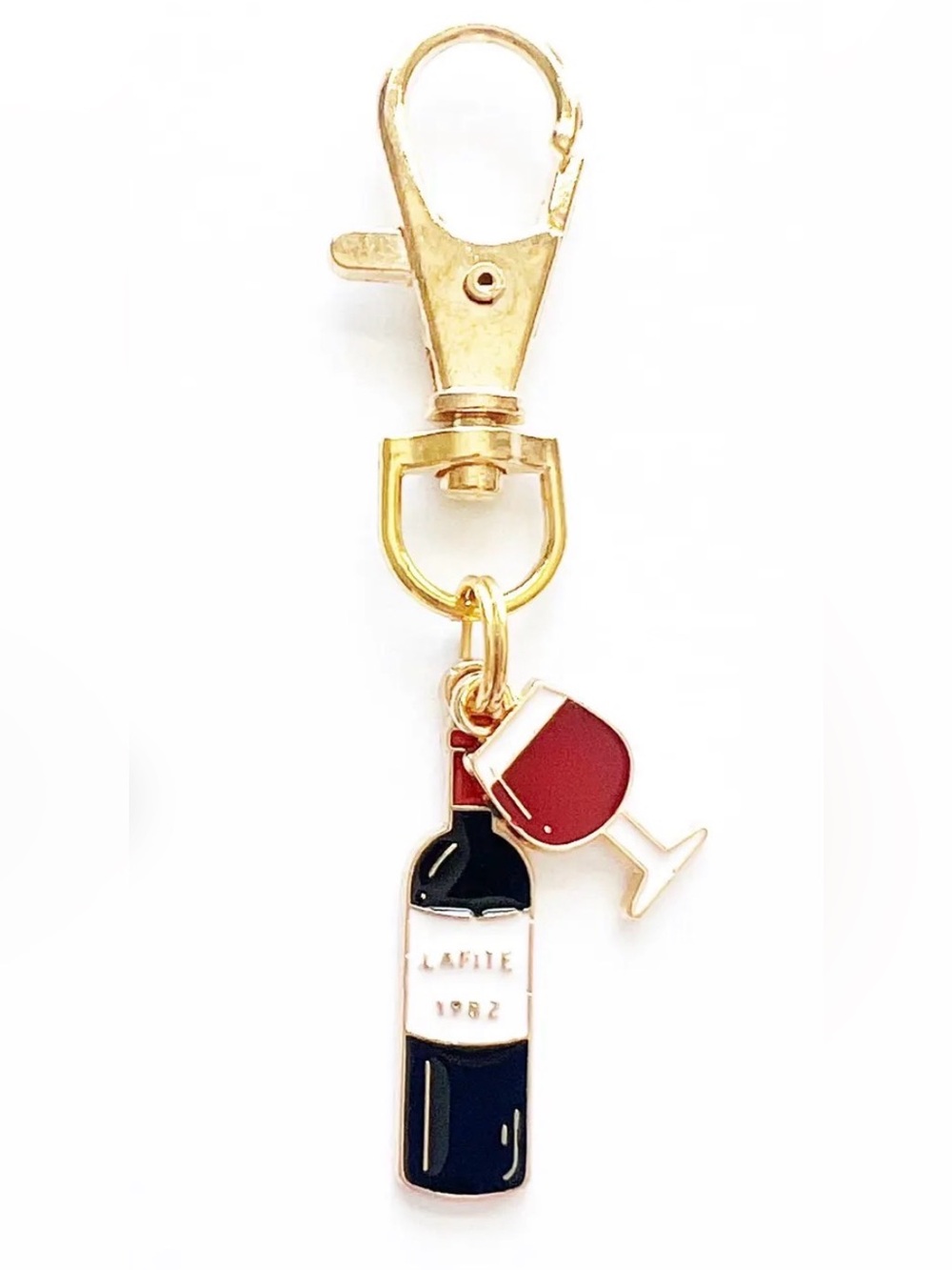 New Lafite 1982 Red Wine Bottle and Glass Charm Keychain Small Cute Gold